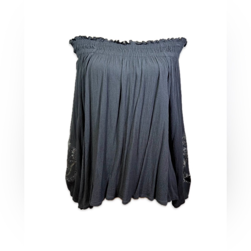 Miss Me Off-Shoulder Blouse Size M Charcoal Gray with Embroidered Sleeves